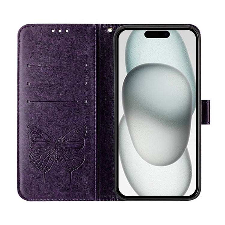 YB Imprinting Series-4 For iPhone SE (2025) Wallet Case Shockproof Leather Phone Cover with Hand Strap - Dark Purple