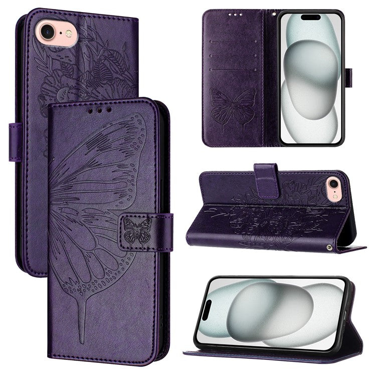 YB Imprinting Series-4 For iPhone SE (2025) Wallet Case Shockproof Leather Phone Cover with Hand Strap - Dark Purple
