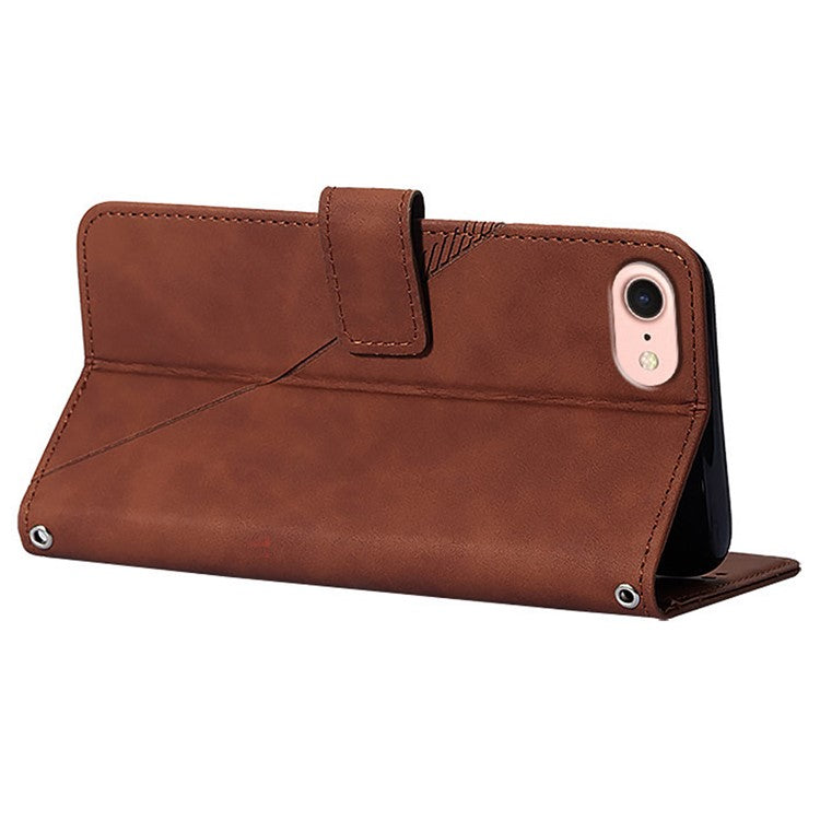 YB Imprinting Series-2 for iPhone SE (2025) Cell Phone Case Stand Magnetic Cover with Shoulder Strap - Brown