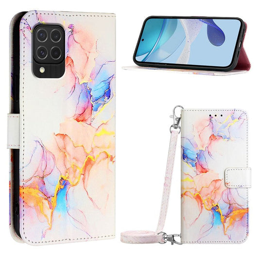 YB Pattern Printing Leather Series-6 For Samsung Galaxy M62 / F62 Case Marble Wallet Flip Crossbody Phone Cover - Milky Way Marble White LS004