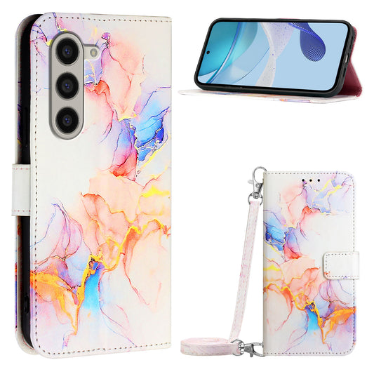 For Samsung Galaxy Z Fold6 5G Wallet Case Leather Phone Cover with Strap - Milky Way Marble White LS004
