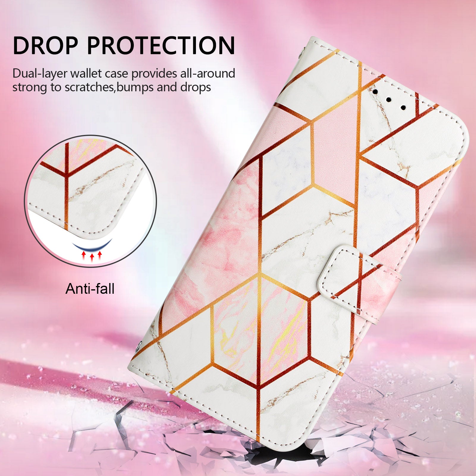 YB Pattern Printing Leather Series-5 For Samsung Galaxy Z Fold6 5G Case Flip Folio Marble Phone Cover - Pink+White LS002