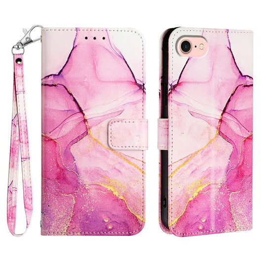 YB Pattern Printing Leather Series-5 For iPhone SE (2025) Wallet Case Leather Phone Cover with Strap - Pink+Purple+Gold LS001