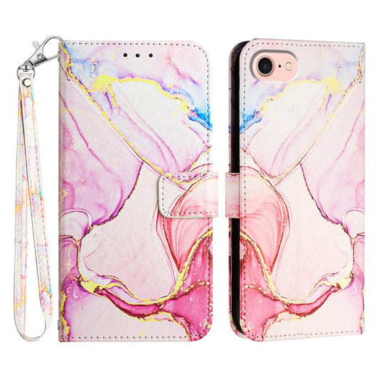 YB Pattern Printing Leather Series-5 For iPhone 16e Wallet Case Leather Phone Cover with Strap - Rose Gold LS005