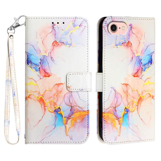 YB Pattern Printing Leather Series-5 For iPhone 16e Wallet Case Leather Phone Cover with Strap - Milky Way Marble White LS004