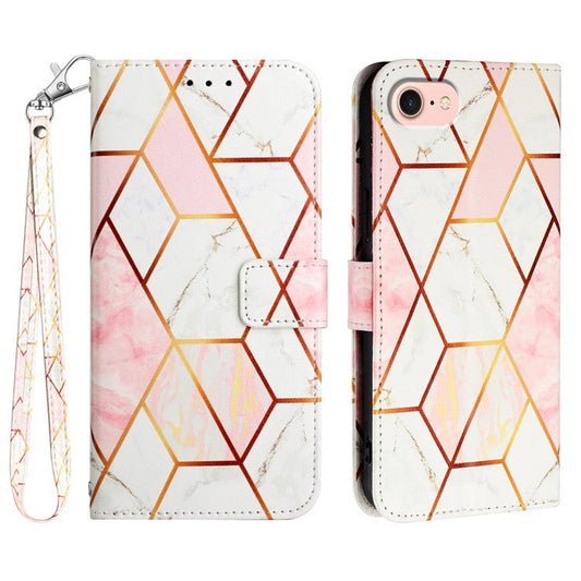 YB Pattern Printing Leather Series-5 For iPhone 16e Wallet Case Leather Phone Cover with Strap - Pink+White LS002