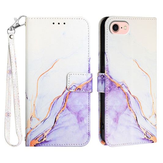 YB Pattern Printing Leather Series-5 For iPhone 16e Wallet Case Leather Phone Cover with Strap - White+Purple LS006