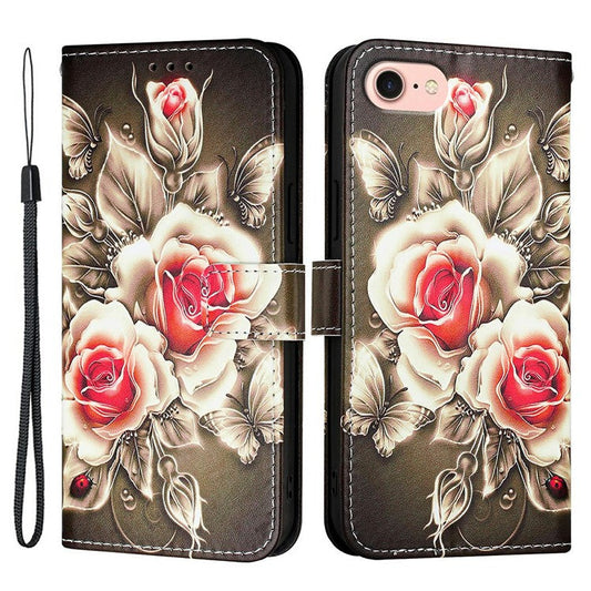 YB Pattern Printing Leather Series-4 for iPhone 16e Case Wallet Phone Cover Wholesale - Rose