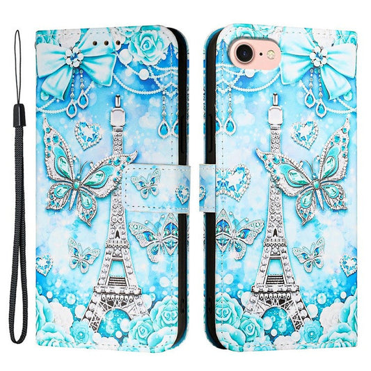 YB Pattern Printing Leather Series-4 for iPhone SE (2024) Case Wallet Phone Cover Wholesale - Eiffel Tower and Butterfly