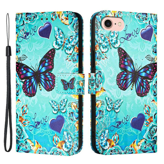 YB Pattern Printing Leather Series-4 for iPhone 16e Case Wallet Phone Cover Wholesale - Butterfly and Heart