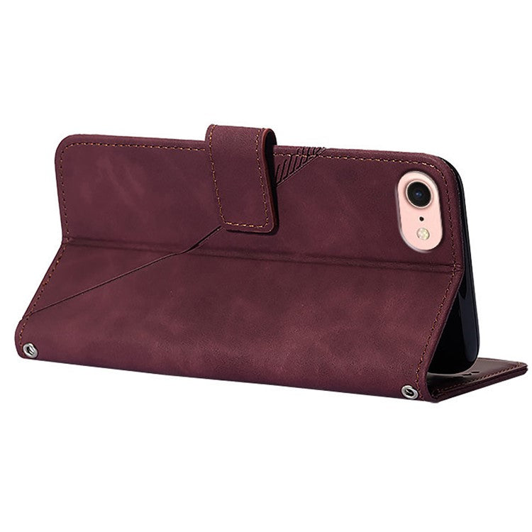 YB Imprinting Series-1 For iPhone SE (2025) Case Magnetic Leather Wallet Phone Cover with Handy Strap - Wine Red