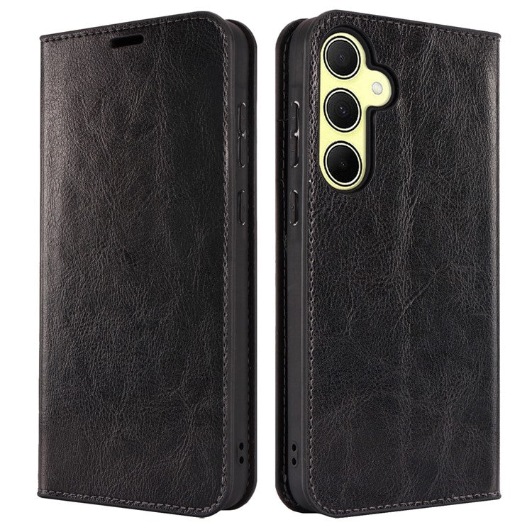For Samsung Galaxy A35 5G Case Crazy Horse Texture Split Leather Stand Phone Cover - Black