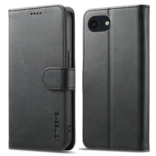 LC.IMEEKE For iPhone 16e Case Calf Texture Magnetic Clasp Stand Phone Cover - Black
