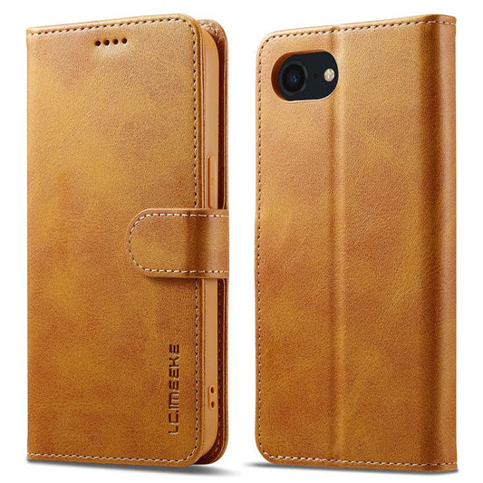 LC.IMEEKE For iPhone 16e Case Calf Texture Magnetic Clasp Stand Phone Cover - Yellow