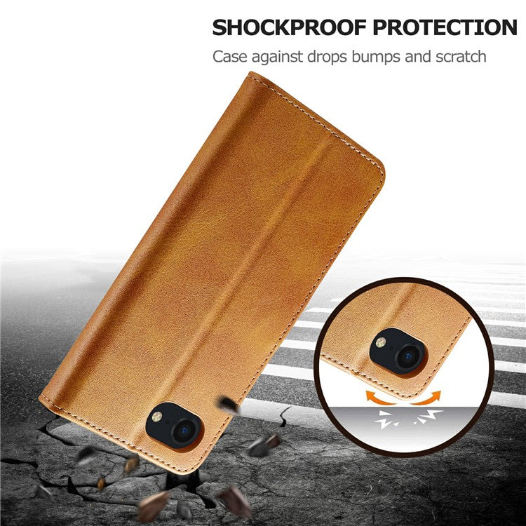 LC.IMEEKE For iPhone 16e Case Calf Texture Magnetic Clasp Stand Phone Cover - Yellow