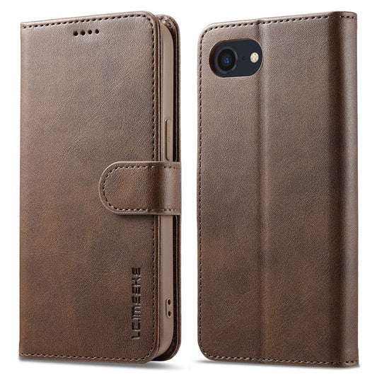 LC.IMEEKE For iPhone 16e Case Calf Texture Magnetic Clasp Stand Phone Cover - Brown