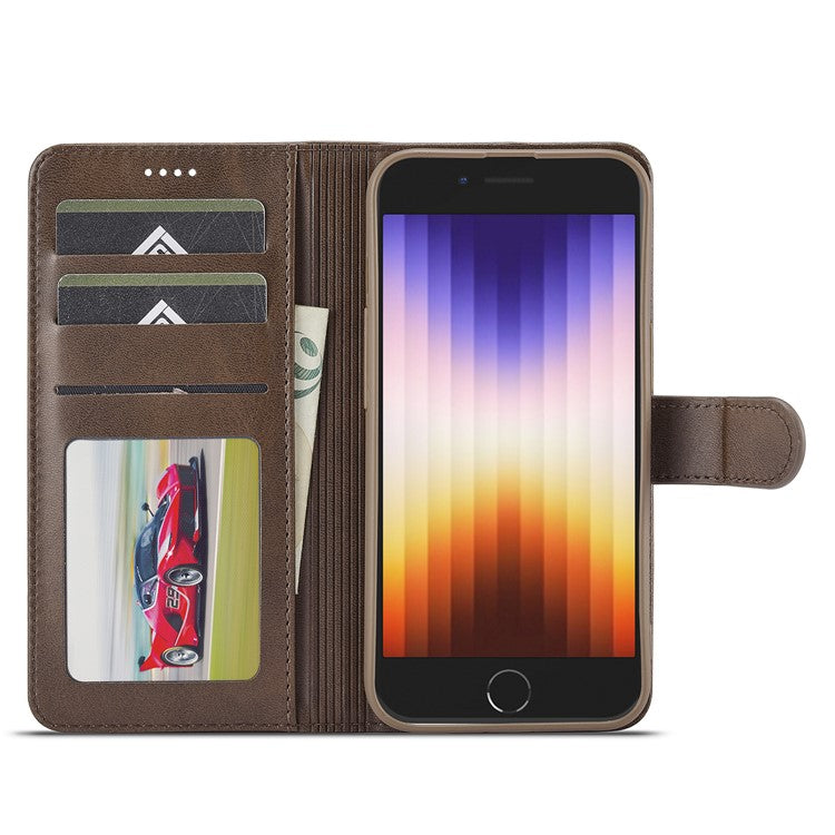 LC.IMEEKE For iPhone 16e Case Calf Texture Magnetic Clasp Stand Phone Cover - Brown