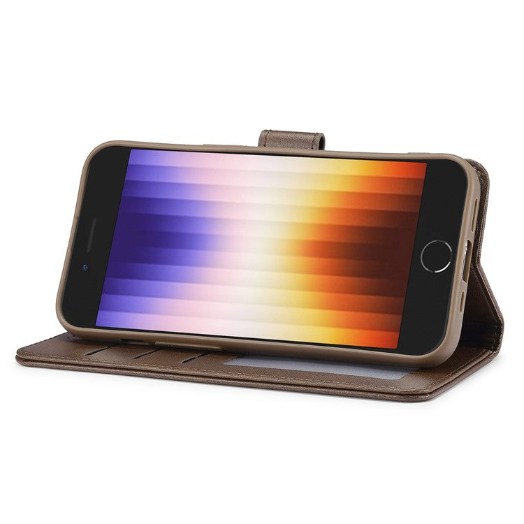 LC.IMEEKE For iPhone 16e Case Calf Texture Magnetic Clasp Stand Phone Cover - Brown