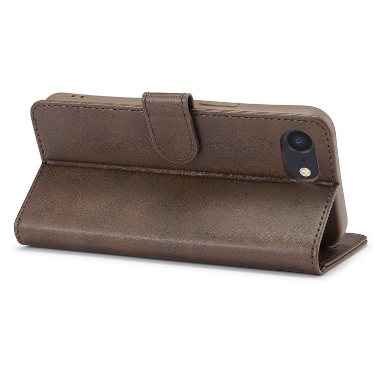 LC.IMEEKE For iPhone 16e Case Calf Texture Magnetic Clasp Stand Phone Cover - Brown