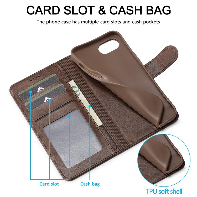 LC.IMEEKE For iPhone 16e Case Calf Texture Magnetic Clasp Stand Phone Cover - Brown