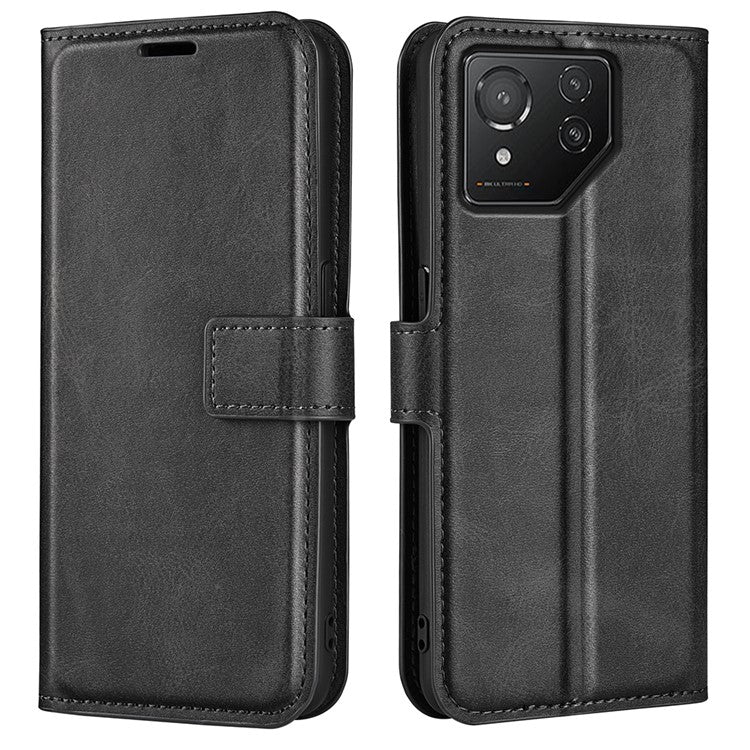 For Asus ROG Phone 8 Pro 5G / Phone 8 5G Case Calf Texture Leather Bump Proof Phone Stand Cover - Black