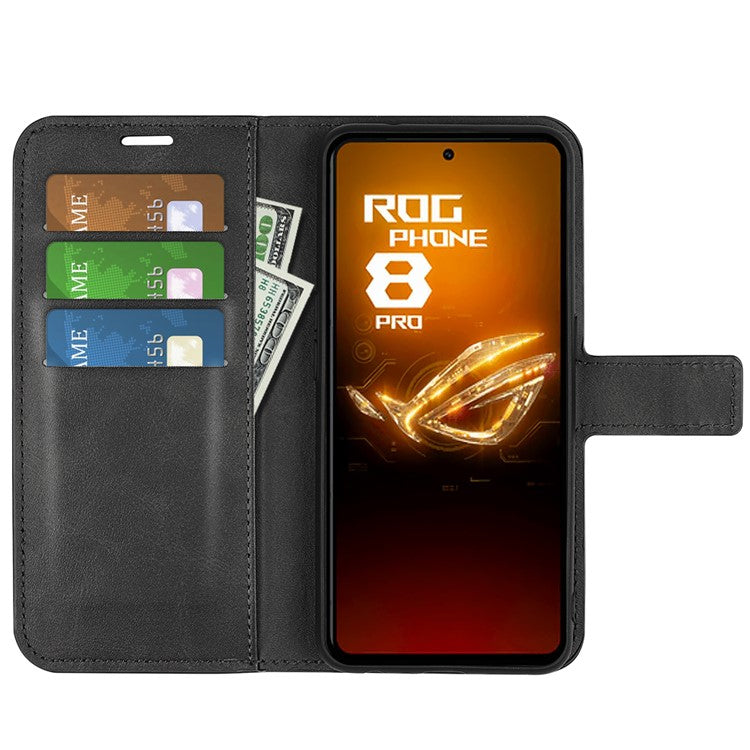 For Asus ROG Phone 8 Pro 5G / Phone 8 5G Case Calf Texture Leather Bump Proof Phone Stand Cover - Black
