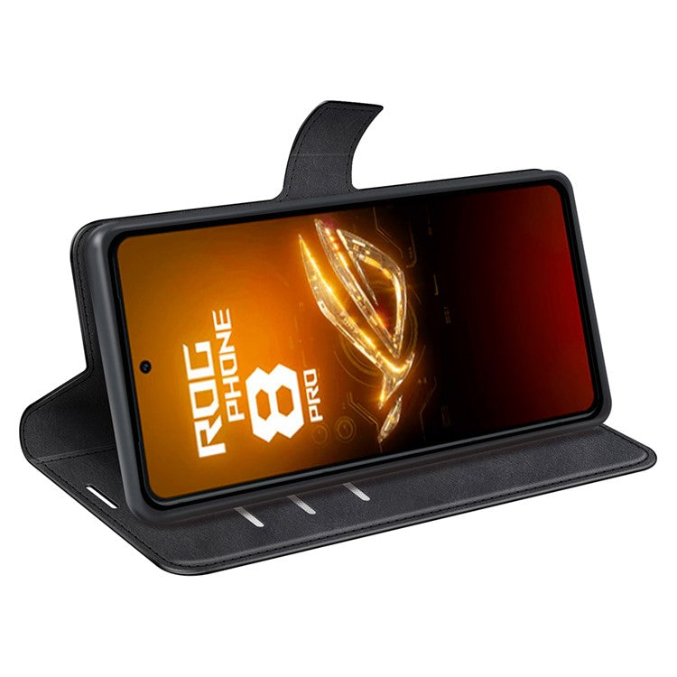 For Asus ROG Phone 8 Pro 5G / Phone 8 5G Case Calf Texture Leather Bump Proof Phone Stand Cover - Black