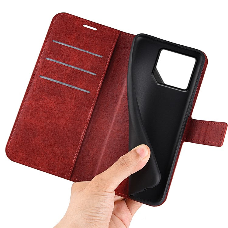 For Asus ROG Phone 8 Pro 5G / Phone 8 5G Case Calf Texture Leather Bump Proof Phone Stand Cover - Red