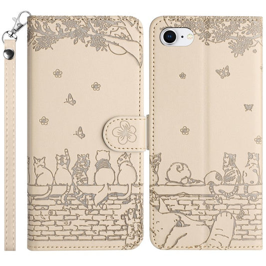 For iPhone 16e Wallet Case PU Leather Wall Cats Pattern Phone Cover - Apricot
