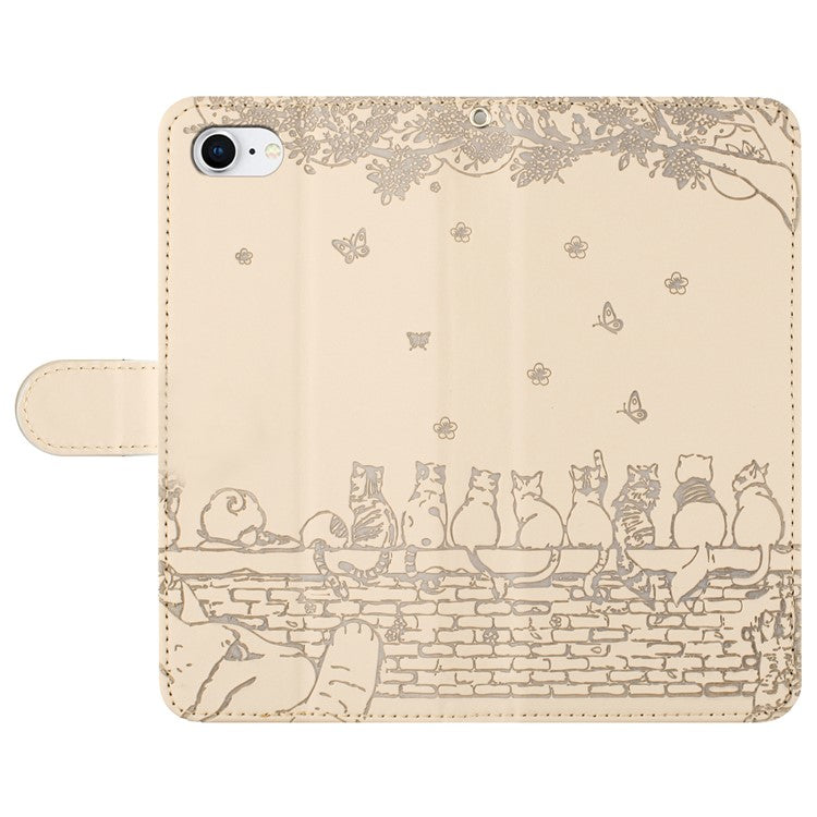 For iPhone 16e Wallet Case PU Leather Wall Cats Pattern Phone Cover - Apricot
