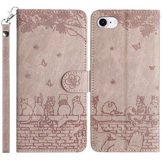 For iPhone 16e Wallet Case PU Leather Wall Cats Pattern Phone Cover - Smoky Purple