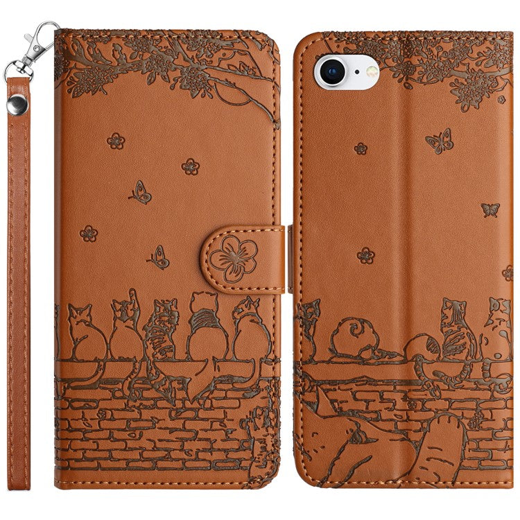 For iPhone 16e Wallet Case PU Leather Wall Cats Pattern Phone Cover - Brown