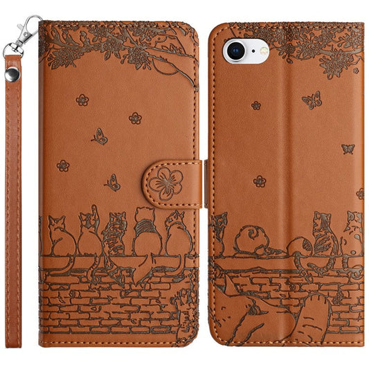 For iPhone 16e Wallet Case PU Leather Wall Cats Pattern Phone Cover - Brown
