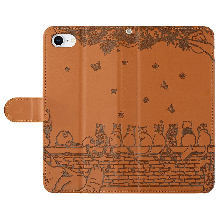 For iPhone 16e Wallet Case PU Leather Wall Cats Pattern Phone Cover - Brown