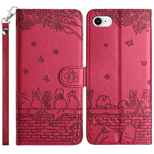 For iPhone 16e Wallet Case PU Leather Wall Cats Pattern Phone Cover - Red