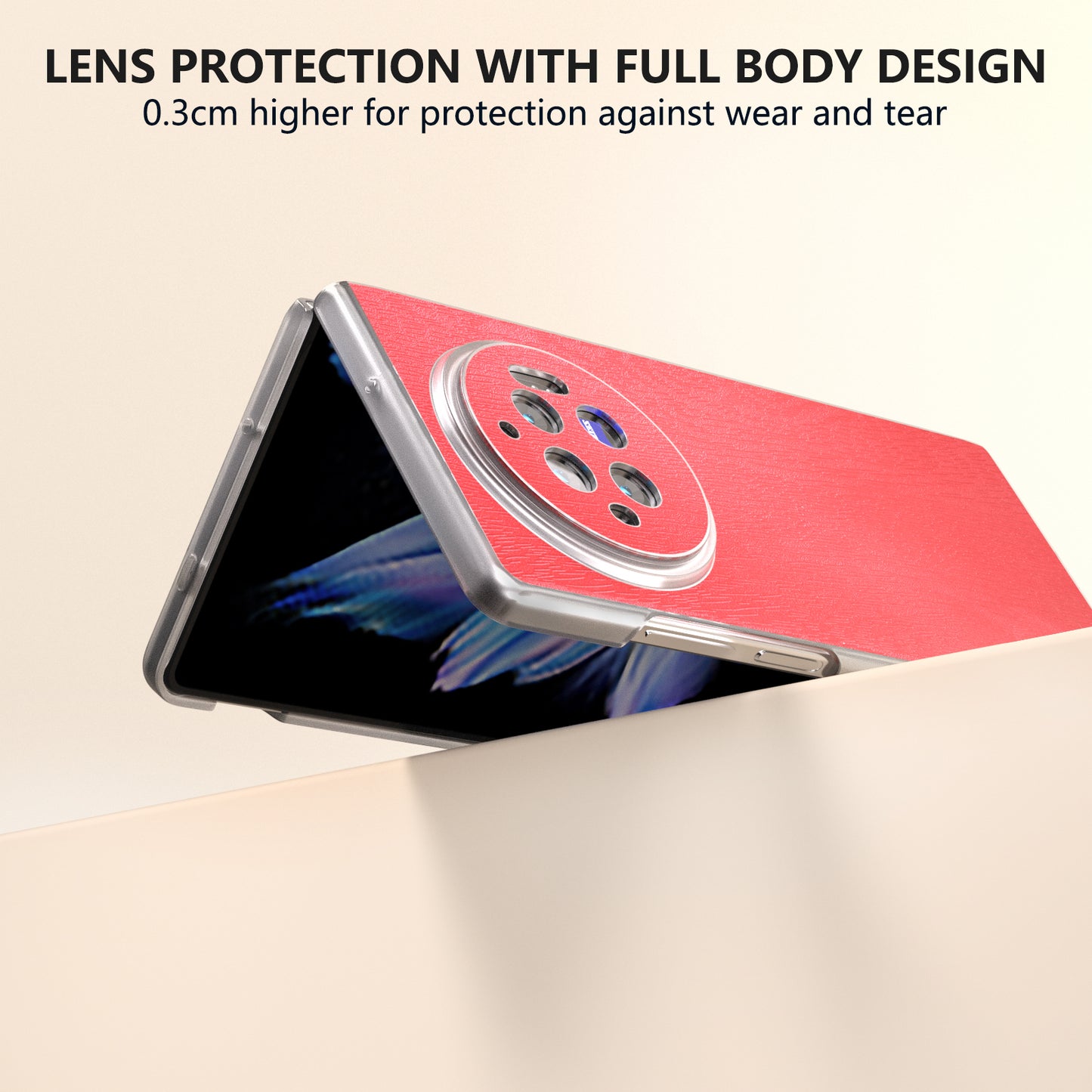 For vivo X Fold3 Case Wood Texture Leather+PC Matte Clear Edge Anti-slip Phone Cover - Red