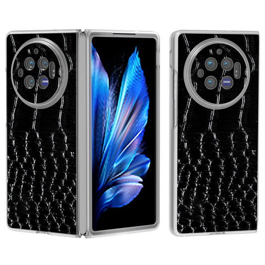 For vivo X Fold3 Case Genuine Cow Leather+PC Crocodile Texture Phone Cover with Non-Slip Grip - Black