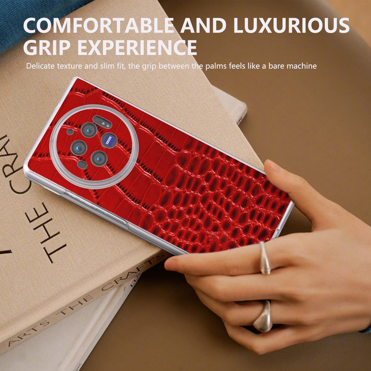 For vivo X Fold3 Case Genuine Cow Leather+PC Crocodile Texture Phone Cover with Non-Slip Grip - Red