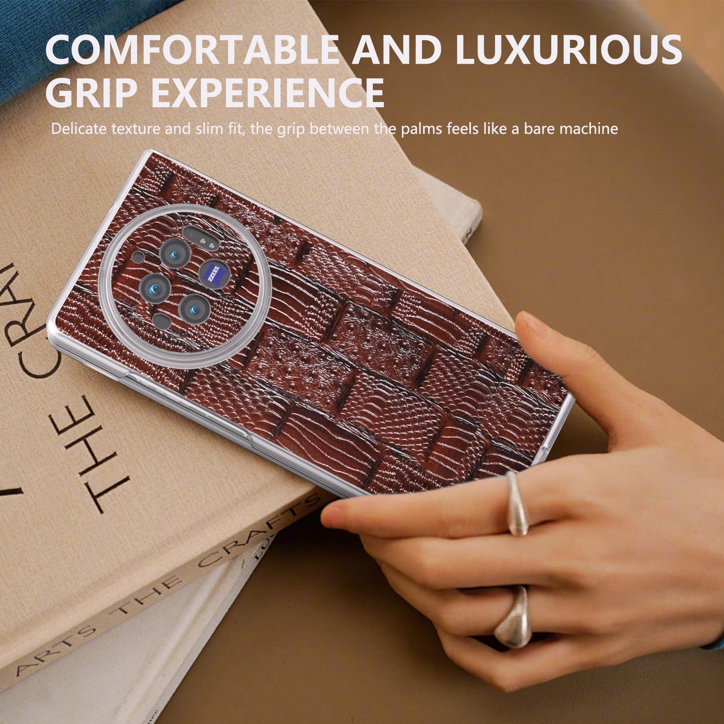 For vivo X Fold3 Case Mahjong Texture Genuine Cow Leather+PC Matte Edge Phone Cover - Brown