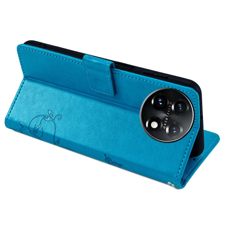 For OnePlus 11 5G Case Butterfly Flower Imprinted PU Leather Flip Phone Cover with 3 Card Slot - Blue