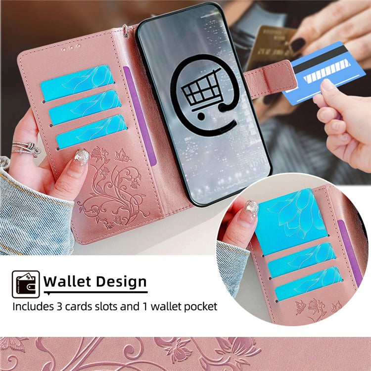 For OnePlus 11 5G Case Butterfly Flower Imprinted PU Leather Flip Phone Cover with 3 Card Slot - Rose Gold