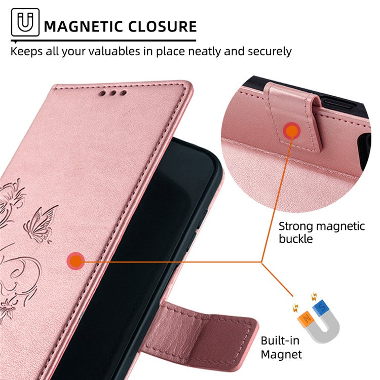 For OnePlus 11 5G Case Butterfly Flower Imprinted PU Leather Flip Phone Cover with 3 Card Slot - Rose Gold