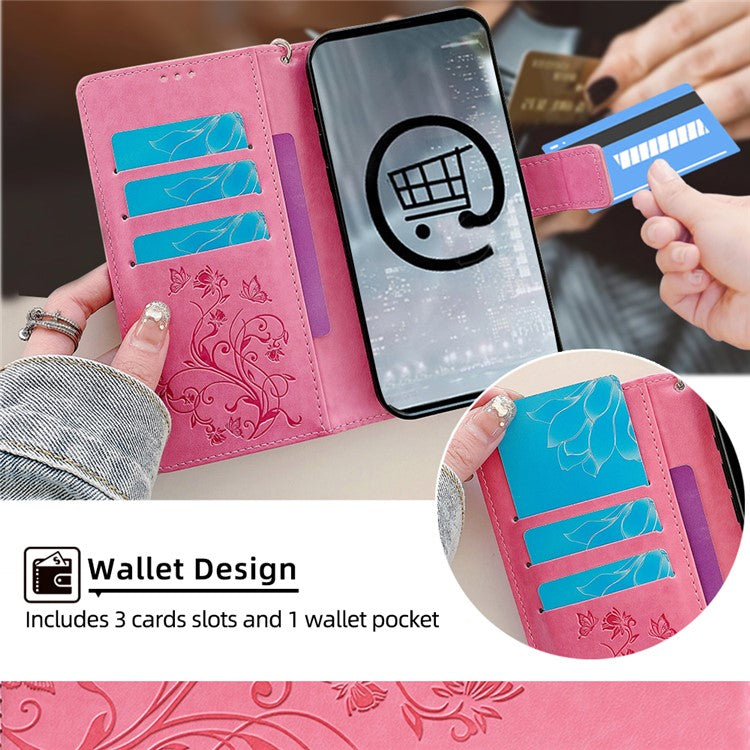 For OnePlus 11 5G Case Butterfly Flower Imprinted PU Leather Flip Phone Cover with 3 Card Slot - Pink