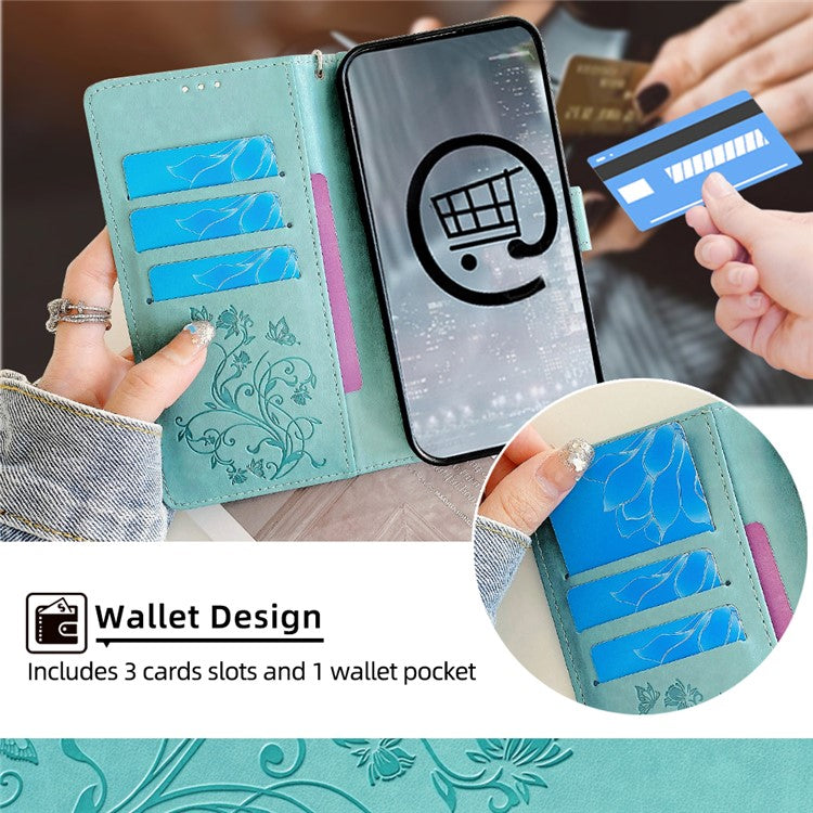 For OnePlus 11 5G Case Butterfly Flower Imprinted PU Leather Flip Phone Cover with 3 Card Slot - Green