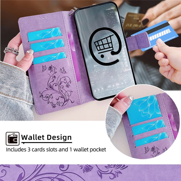 For OnePlus 11 5G Case Butterfly Flower Imprinted PU Leather Flip Phone Cover with 3 Card Slot - Purple