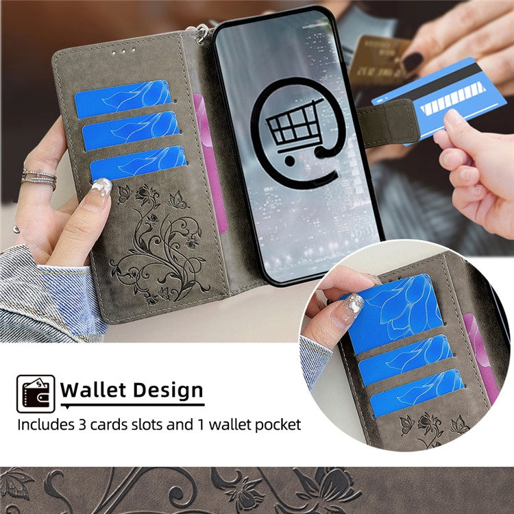 For OnePlus 11 5G Case Butterfly Flower Imprinted PU Leather Flip Phone Cover with 3 Card Slot - Grey