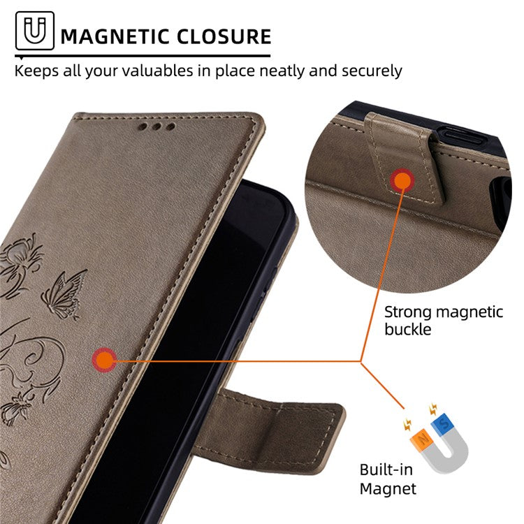 For OnePlus 11 5G Case Butterfly Flower Imprinted PU Leather Flip Phone Cover with 3 Card Slot - Grey