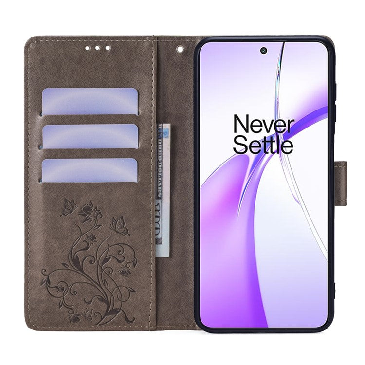 Wallet Case for OnePlus Ace 3V 5G Shell Butterfly Flower Leather Phone Cover with Hand Strap - Grey