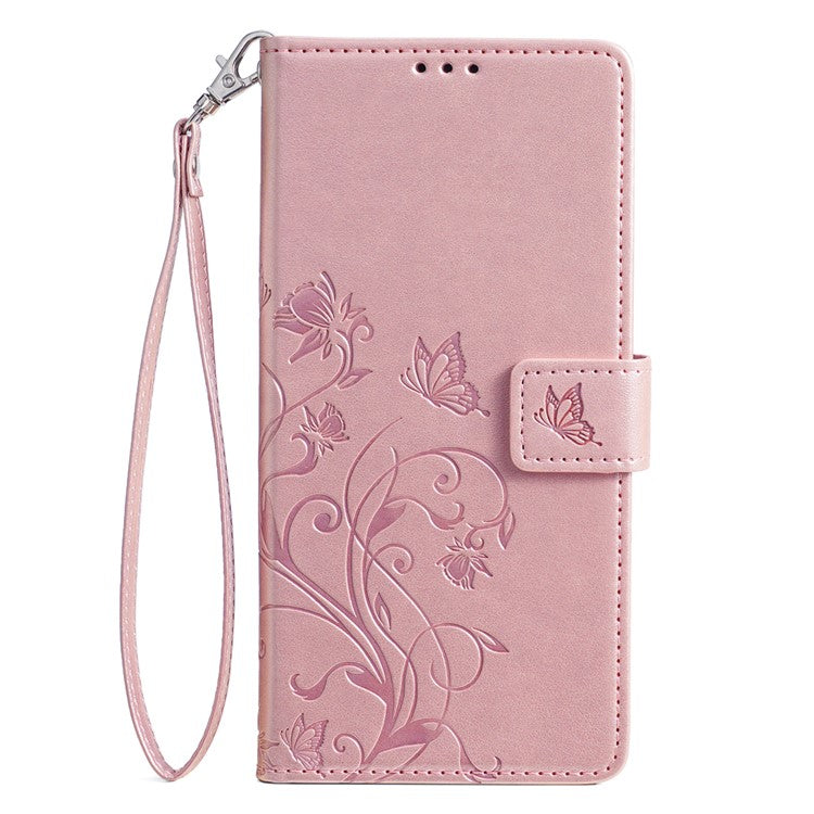 Wallet Case for OnePlus Ace 3V 5G Shell Butterfly Flower Leather Phone Cover with Hand Strap - Rose Gold
