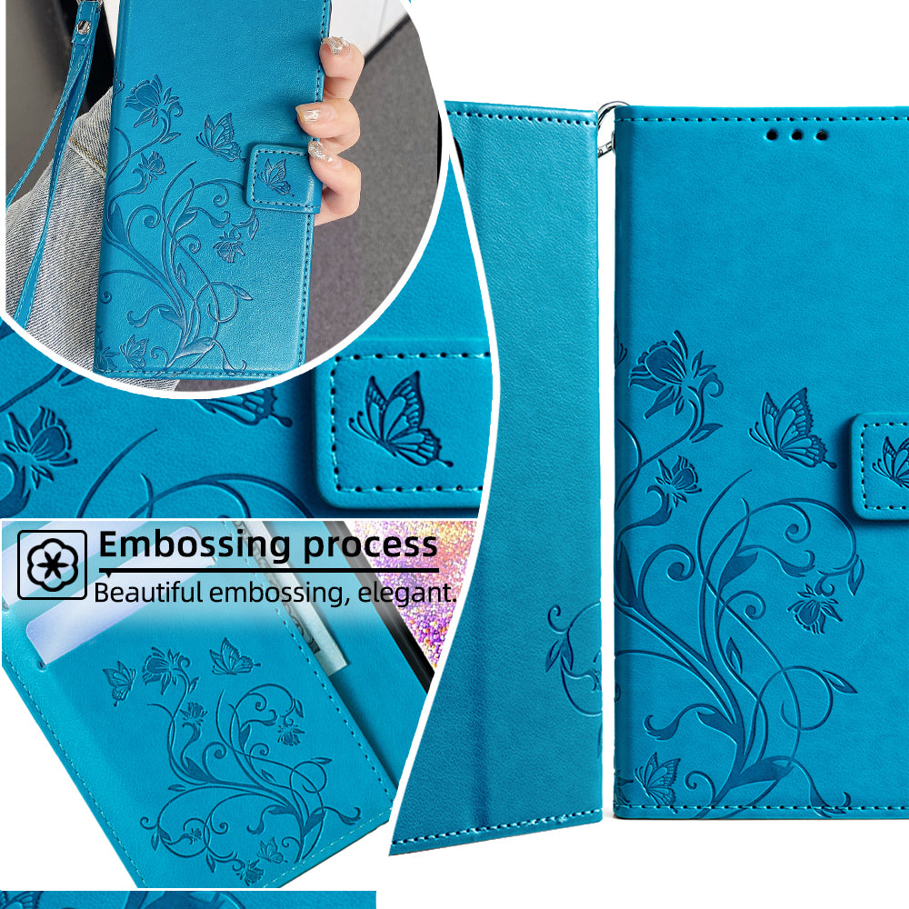 For Samsung Galaxy M34 5G / F34 5G Case PU Leather Card Slots Holder Pocket Butterfly Flower Phone Cover - Blue